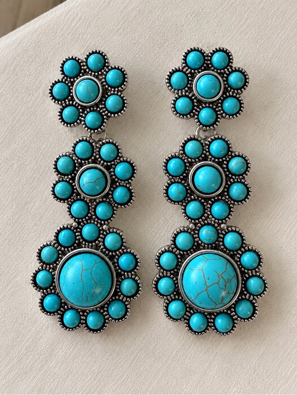 Turquoise Style Statement Dangle Earrings Silver Tone